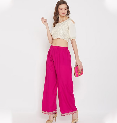 Women Magenta & Gold-Toned Hem Design Straight Palazzos